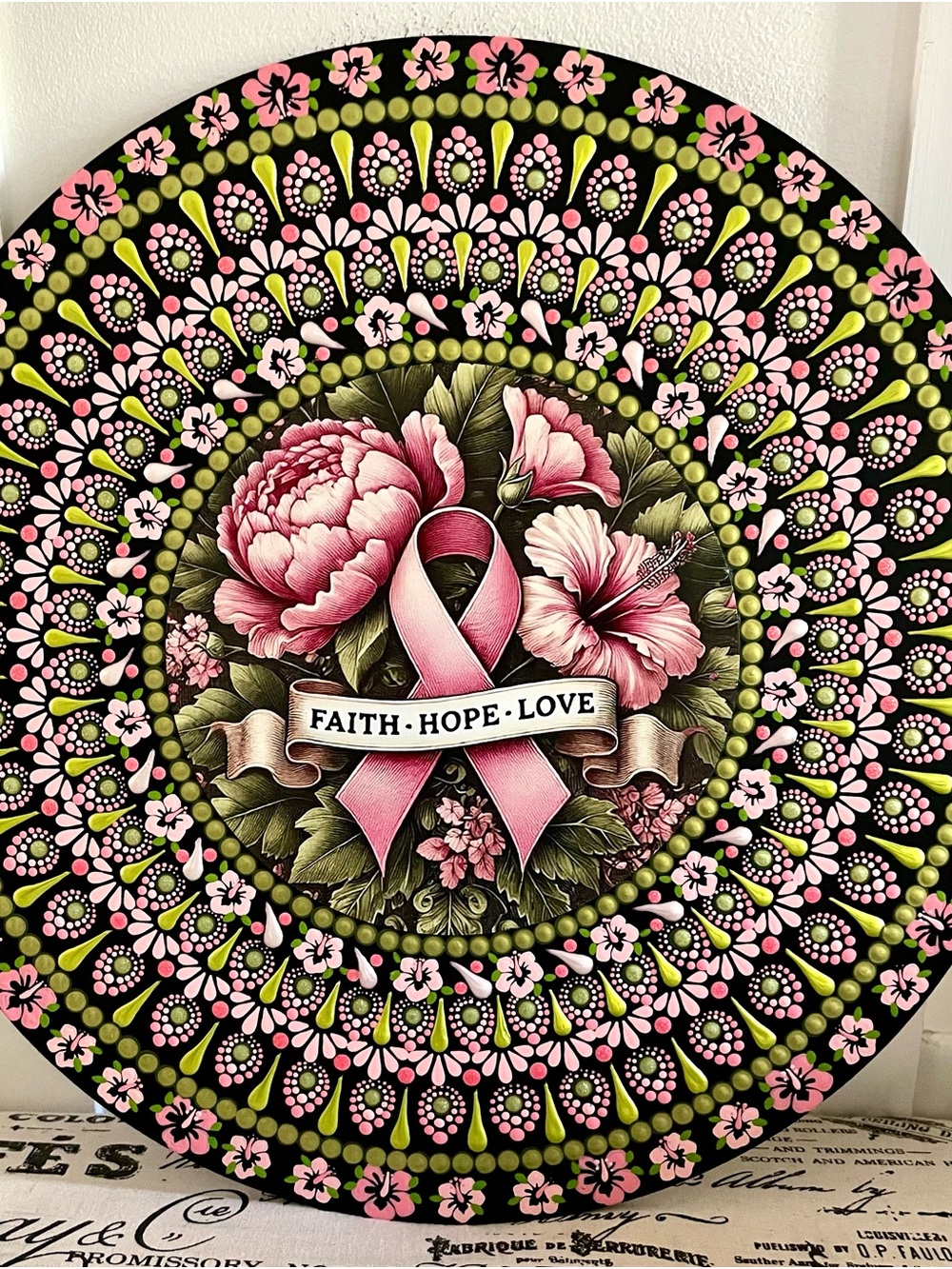 Handpainted Faith Hope Love Pink Ribbon Floral Wall Decor